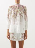 Zimmermann - Jude Floral-print Buttoned Ramie Blouse - Womens - White Pink
