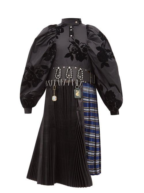 Matchesfashion.com Chopova Lowena - Flocked Floral Puff Sleeve Kilt Dress - Womens - Black Multi