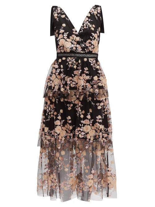 Matchesfashion.com Self-portrait - Midnight Floral Sequinned Tiered Tulle Midi Dress - Womens - Black Multi