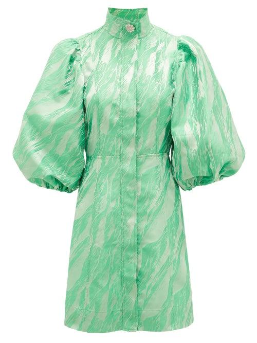 Matchesfashion.com Ganni - Crystal-button Puff-sleeve Satin-jacquard Dress - Womens - Green