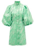 Matchesfashion.com Ganni - Crystal-button Puff-sleeve Satin-jacquard Dress - Womens - Green