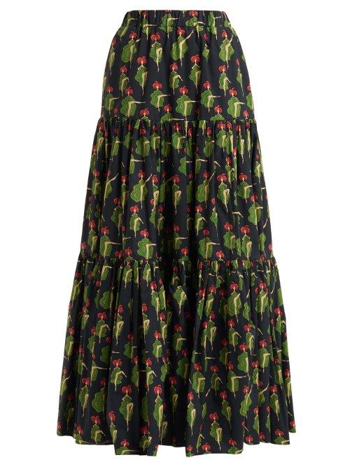 Matchesfashion.com La Doublej - Tiered Printed Cotton Skirt - Womens - Black Multi