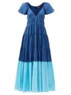 Matchesfashion.com Staud - Corsica V-neck Tiered Recycled-fibre Dress - Womens - Blue Multi