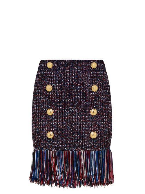 Matchesfashion.com Balmain - Fringed Tweed Skirt - Womens - Navy Multi