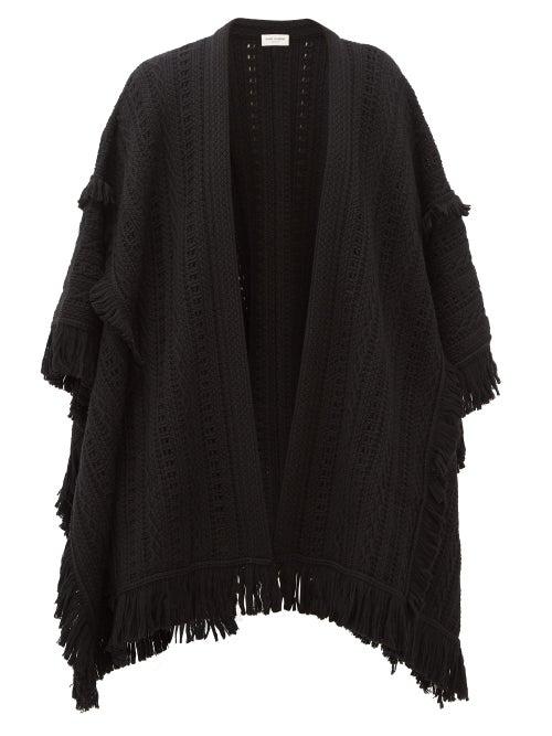 Matchesfashion.com Saint Laurent - Fringed Pointelle-knitted Wool Cape - Womens - Black