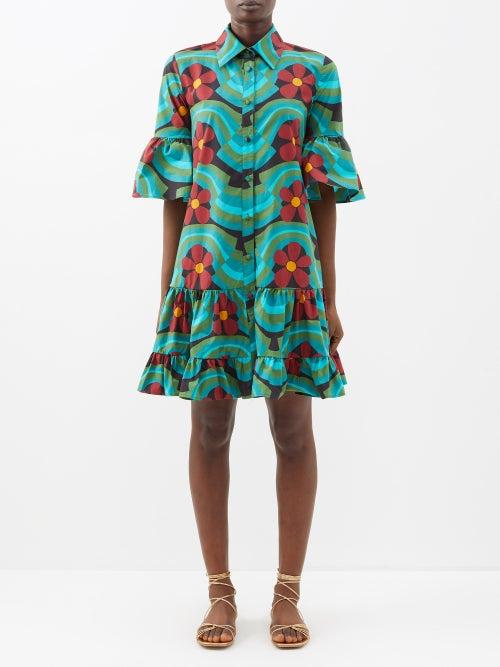 La Doublej - Choux Printed Cotton-poplin Mini Dress - Womens - Green Multi