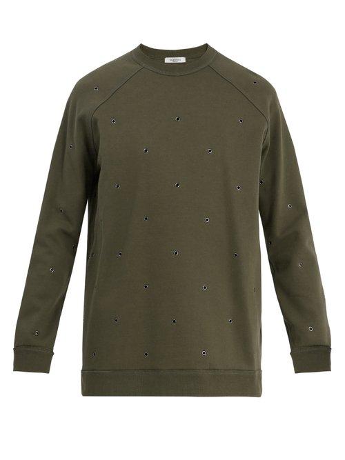 Matchesfashion.com Valentino - Eyelet Embellished Raglan Sweatshirt - Mens - Khaki