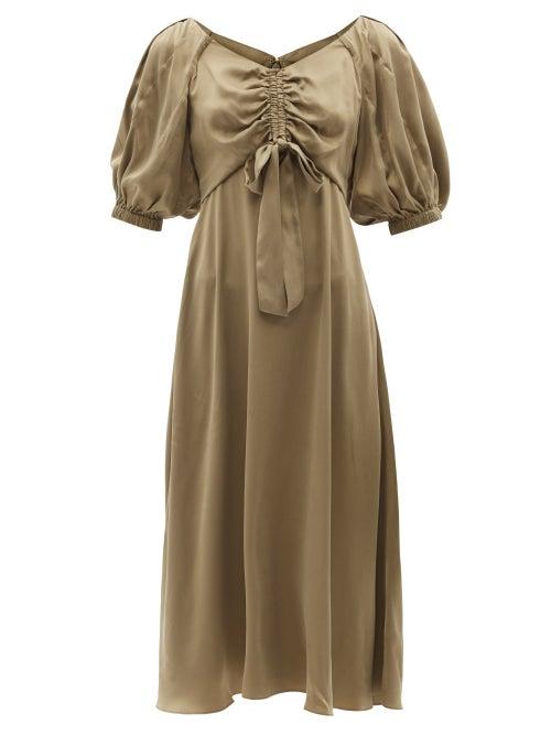 Zimmermann - Puff-sleeve Ruched Silk Midi Dress - Womens - Khaki