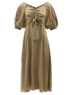 Zimmermann - Puff-sleeve Ruched Silk Midi Dress - Womens - Khaki