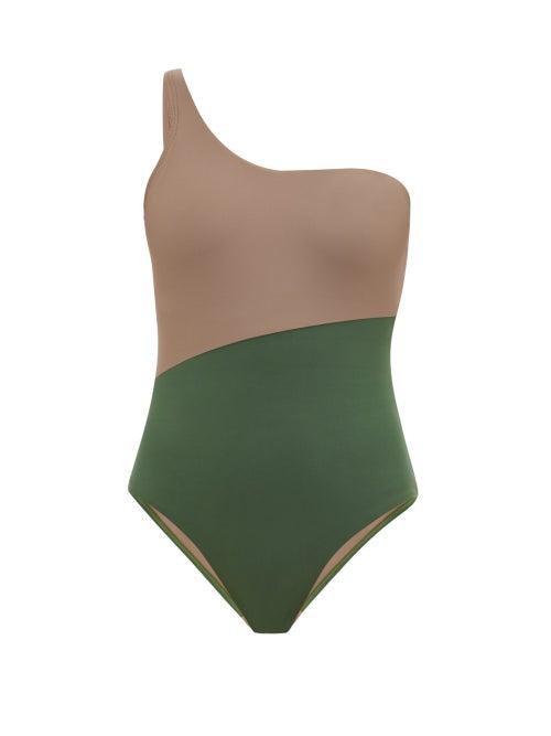 Matchesfashion.com Casa Raki - Magda One-shoulder Bi-colour Swimsuit - Womens - Green Multi