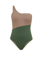 Matchesfashion.com Casa Raki - Magda One-shoulder Bi-colour Swimsuit - Womens - Green Multi