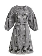 Matchesfashion.com Innika Choo - Embroidered Gingham Cotton Peasant Dress - Womens - Black Print