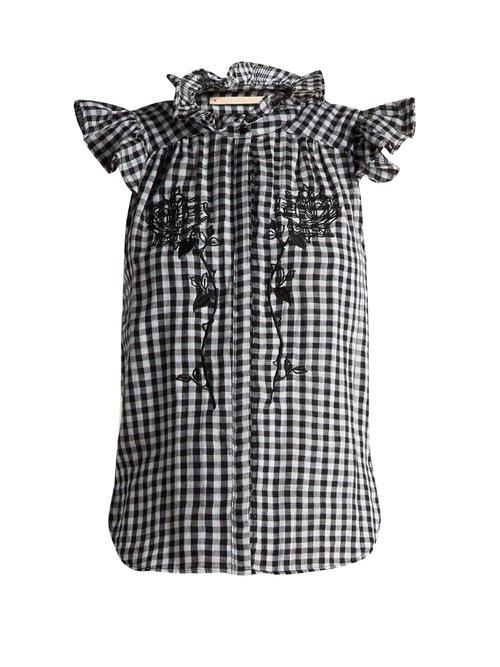 Matchesfashion.com Bliss And Mischief - Rose Embroidered Gingham Cotton Top - Womens - Black White
