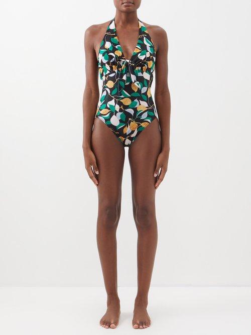 La Doublej - Bow Printed Halterneck Swimsuit - Womens - Black Multi