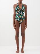 La Doublej - Bow Printed Halterneck Swimsuit - Womens - Black Multi