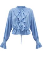 Matchesfashion.com Jw Anderson - Ruffled Funnel Neck Cotton Crepe Blouse - Womens - Blue