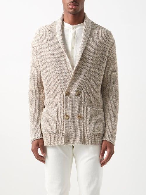 Thom Sweeney - Double-breasted Shawl-collar Ribbed-linen Cardigan - Mens - Beige