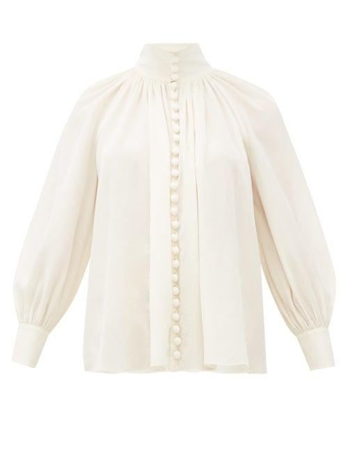 Matchesfashion.com Zimmermann - High-neck Gathered Silk-crepe Blouse - Womens - Ivory