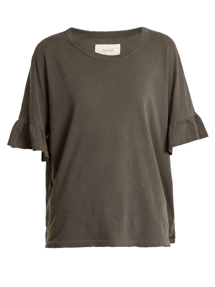 The Great The Ruffle Sleeve Distressed Cotton T-shirt