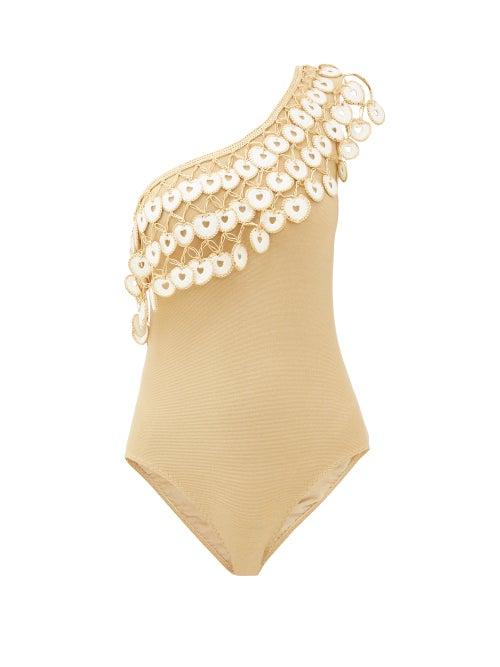 Matchesfashion.com My Beachy Side - Firtekom/alp Crochet-trim One-shoulder Swimsuit - Womens - Gold