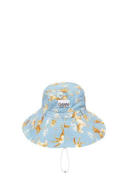 Matchesfashion.com Ganni - Horse-print Drawcord Cotton-poplin Bucket Hat - Womens - Blue Multi