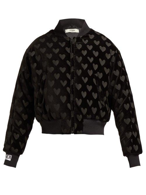 Matchesfashion.com Fendi - Heart Motif Velvet Bomber Jacket - Womens - Black