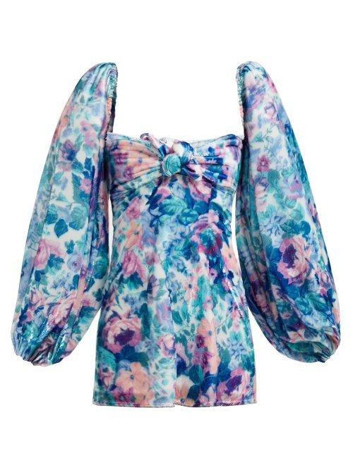 Matchesfashion.com Attico - Floral Velvet Balloon Sleeved Mini Dress - Womens - Blue Multi