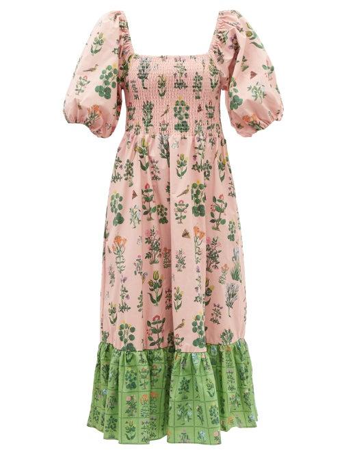 Ladies Beachwear Rhode - Eloise Shirred Floral-print Cotton-poplin Dress - Womens - Pink