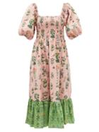 Ladies Beachwear Rhode - Eloise Shirred Floral-print Cotton-poplin Dress - Womens - Pink