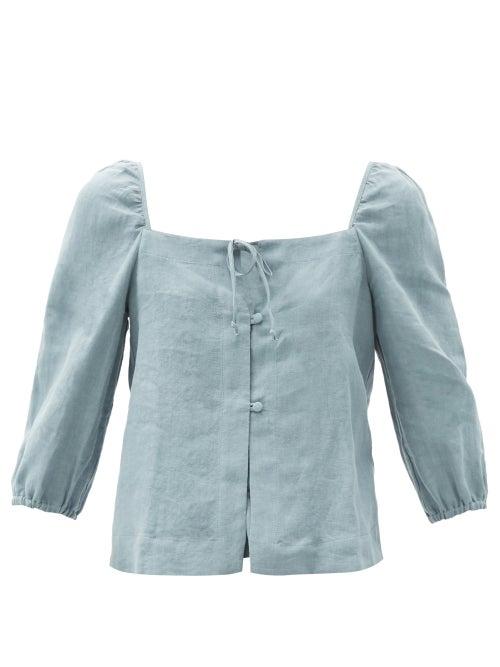 Matchesfashion.com Casa Raki - Nicola Tie-neck Organic-linen Blouse - Womens - Blue