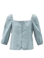 Matchesfashion.com Casa Raki - Nicola Tie-neck Organic-linen Blouse - Womens - Blue