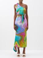 Ale Mais - Irving Asymmetric-neck Silk Knot Midi Dress - Womens - Multi