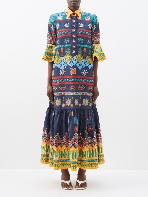 La Doublej - Artemis Fluted Montage-print Faille Dress - Womens - Navy Multi