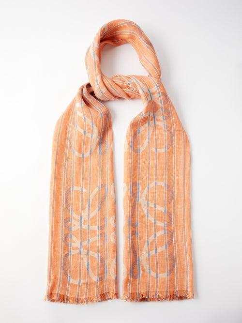 Loewe - Anagram Stripe Linen-blend Scarf - Womens - Orange Multi