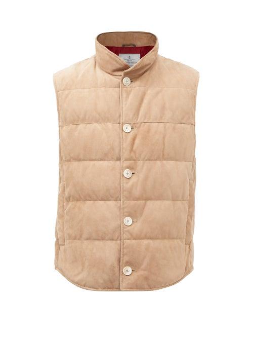 Brunello Cucinelli - Quilted-suede Down Gilet - Mens - Beige