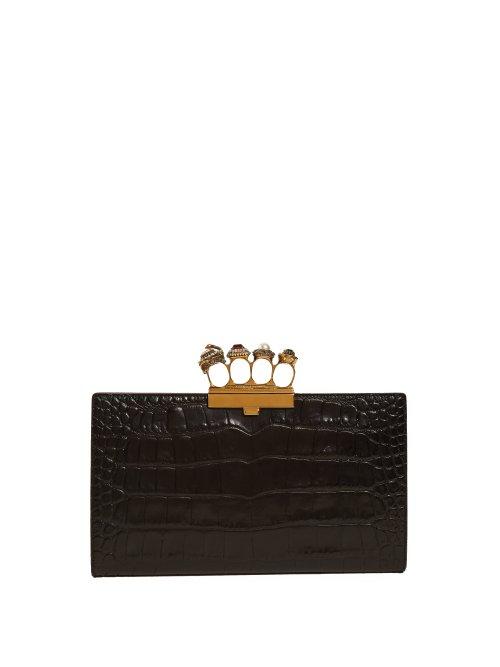 Matchesfashion.com Alexander Mcqueen - Knuckle Crocodile Effect Leather Clutch - Womens - Black