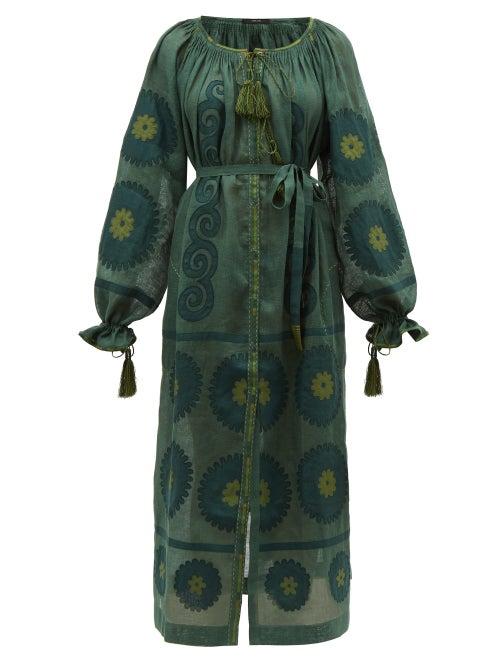 Matchesfashion.com Vita Kin - Siam Tassel Drawstring Sleeve Linen Dress - Womens - Dark Green