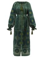 Matchesfashion.com Vita Kin - Siam Tassel Drawstring Sleeve Linen Dress - Womens - Dark Green