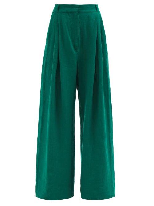Three Graces London - Molly High-rise Pleated Linen Wide-leg Trousers - Womens - Dark Green