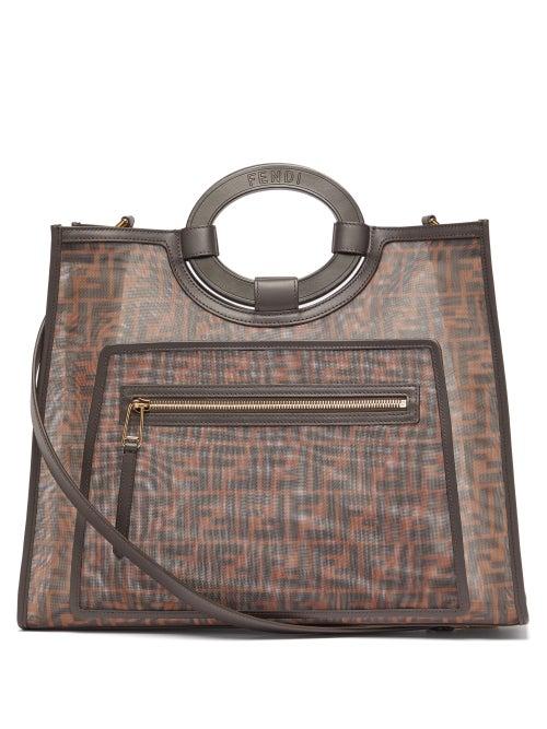 Matchesfashion.com Fendi - Runaway Ff Print Leather Trimmed Mesh Tote Bag - Womens - Brown Multi