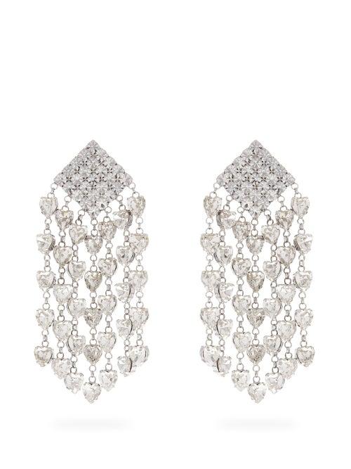 Matchesfashion.com Alessandra Rich - Crystal Embellished Heart Drop Clip Earrings - Womens - Crystal