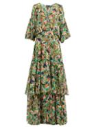 Matchesfashion.com Saloni - Nikki Printed Silk Crepe De Chine Maxi Dress - Womens - Green Multi