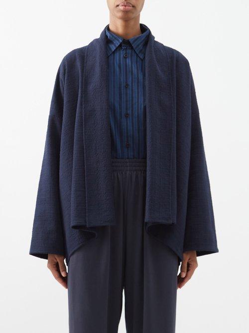 Eskandar - Shawl-lapel Basketweave-cotton Cardigan - Womens - Dark Navy
