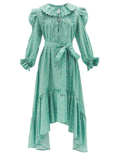 Horror Vacui - Defensia Floral-print Ruffled Cotton-poplin Dress - Womens - Green Multi