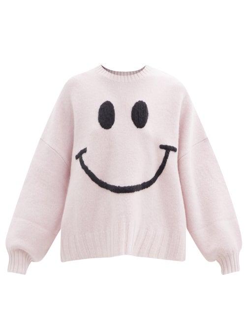 Matchesfashion.com Joostricot - Smiley Face-embroidered Merino-wool Blend Sweater - Womens - Light Pink