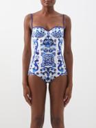 Dolce & Gabbana - Majolica-print Cutout Swimsuit - Womens - Blue White