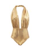 Norma Kamali - Halterneck Scoop-back Metallic Swimsuit - Womens - Gold