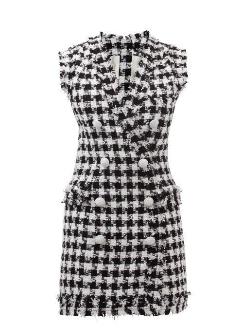 Ladies Rtw Balmain - Houndstooth Cotton-blend Eyelash-tweed Mini Dress - Womens - Black White