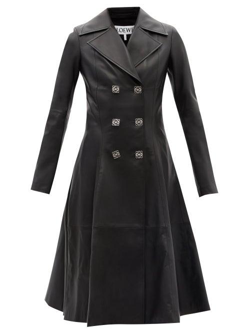 Ladies Rtw Loewe - Double-breasted Anagram Leather Coat - Womens - Black