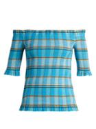 Matchesfashion.com Diane Von Furstenberg - Horizon Checked Off The Shoulder Top - Womens - Blue Print